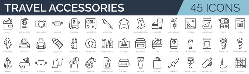 Set of 45 outline icons related to travel accessories. Linear icon collection. Editable stroke. Vector illustration - obrazy, fototapety, plakaty