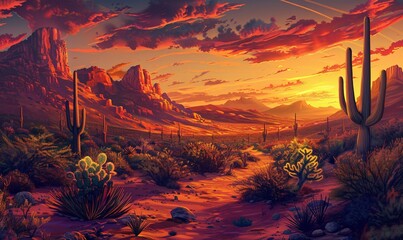 Sunset Serenade A Cactus-Filled Desert at Sunset Generative AI