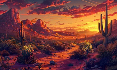 Fotobehang Sunset Serenade A Cactus-Filled Desert at Sunset Generative AI © Bipul Kumar