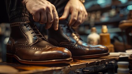 Artisan giving finishing touches to handmade luxury footwear on a workshop table