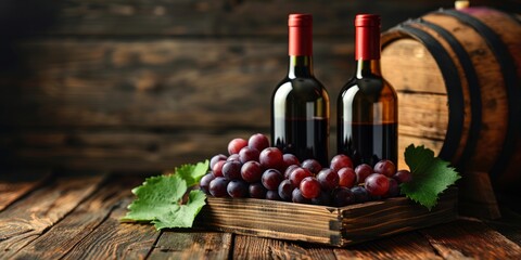 Obraz premium Bottles of red wine and grapes on wooden table