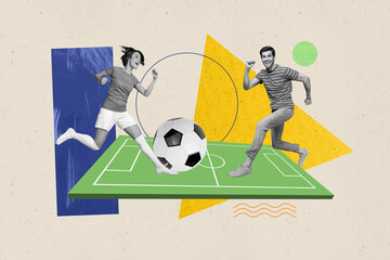 Football league competition collage illustration of young woman playing versus boyfriend football...
