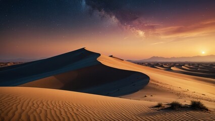 Fototapeta na wymiar Horizon Embrace Sunrise Landscape Featuring Desert Sand Dunes and a Starry Gradient Sky