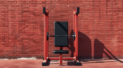 A bold red brick wall adorned with a sleek black bench and squat machine