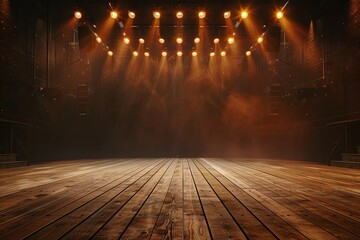 3D rendering of an empty stage with a wood floor and spotlights