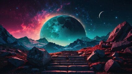 Lunar Gateway Fantasy Mountain Landscape with Nebulae, Moonlight, and Ancient Stone Stairs