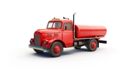 Red truck with a tank attached to its back on an isolated white background. The tanker looks full and ready for transport.