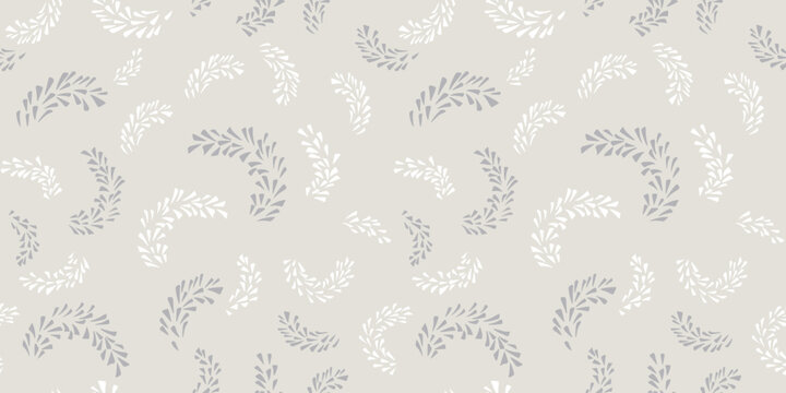 Monochrome light seamless pattern with abstract branches in tiny shapes drops, spots, dots. Vector hand draw sketch. Simple minimalist background patterned. Collage for designs