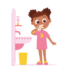 Black girl brushes her teeth. Child and oral hygiene. Vector flat cartoon isolated illustration