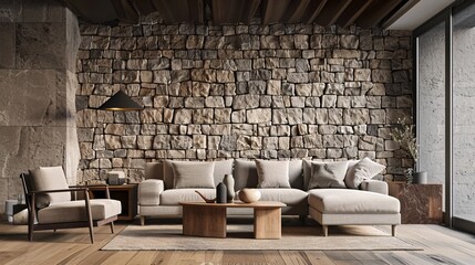 Modern Living Room with Stone Wall and Contemporary Furniture Generative AI