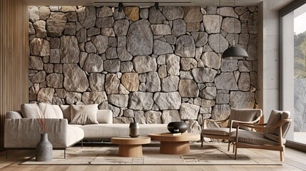 Modern Living Room with Stone Wall and Minimalist Decor Generative AI