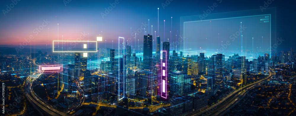 Poster 3d render twilight view over a modern city skyline with digital interfaces and data overlays