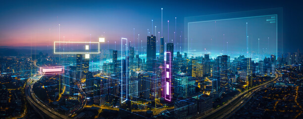 3D render twilight view over a modern city skyline with digital interfaces and data overlays