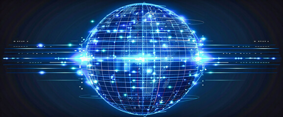 Global digital networking concept with futuristic globe and cyberspace elements in a vibrant blue abstract space