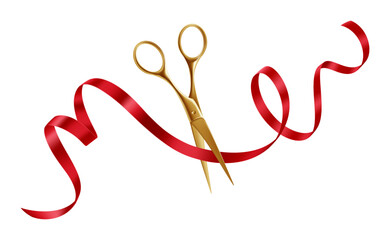 Grand Opening Event. Festive Ribbon Cutting Ceremony with Golden Scissors