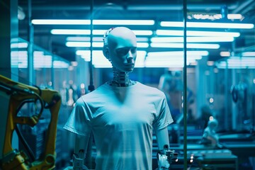 Glowing Robot Mannequin in Blue Light Factory Generative AI