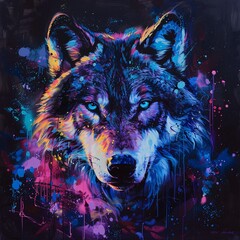 Wolf Eyes - A colorful and vibrant painting of a wolf's face, inspired by the current trend of colorful and abstract art. The wolf's eyes are painted in a striking blue color. Generative AI