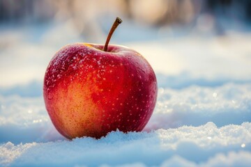 Beautiful ruddy red apple on the snow.