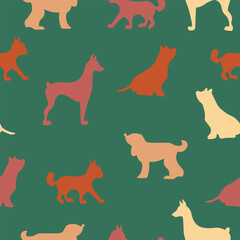 Vector seamless repeating childish pattern with cute dogs, cats in Scandinavian style. Animals background with dog, cat, pets, puppy for invitation, poster, card, flyer, textile, fabric