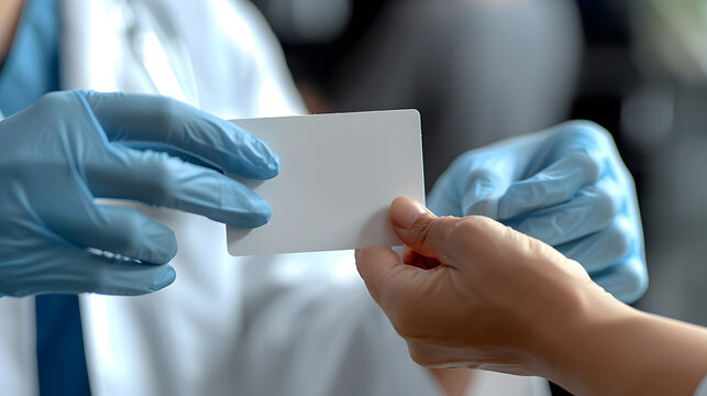 Close-up photorealistic image of a doctor's hand, wearing a light blue latex glove, gently extending a crisp white business card towards a patient's open palm. The card should be clean and minima. 