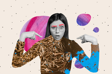 Collage picture of impressed black white colors girl point fingers self herself raise drawing...
