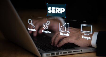 SERP. Search Engine Results Page. Search terms concept,search engine, mobile search, page result,...