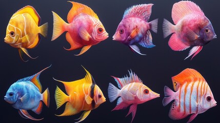 Collection of colorful tropical fish isolated on black background. Set of fish icons