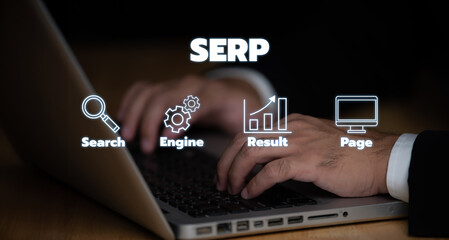 SERP. Search Engine Results Page. Search terms concept,search engine, mobile search, page result, and statistics graph