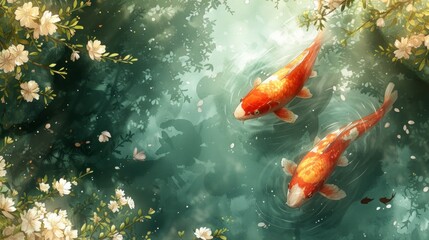 Koi fish in watercolor style. Colorful koi fish in the pond