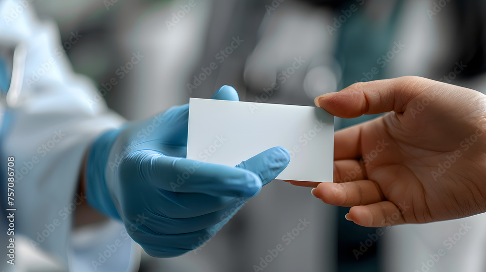 Wall mural Close-up photorealistic image of a doctor's hand, wearing a light blue latex glove, gently extending a crisp white business card towards a patient's open palm. The card should be clean and minima.