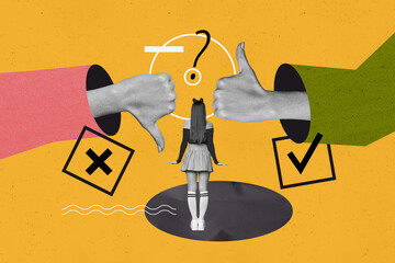 Collage artwork graphics picture of undecided lady can not choose like or dislike isolated orange...