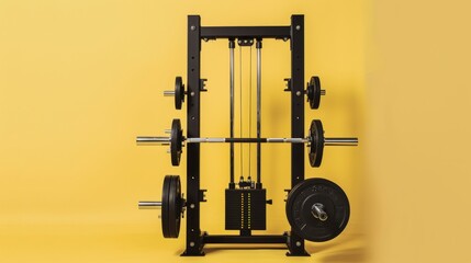 A weight machine with a barbell against a vibrant yellow background