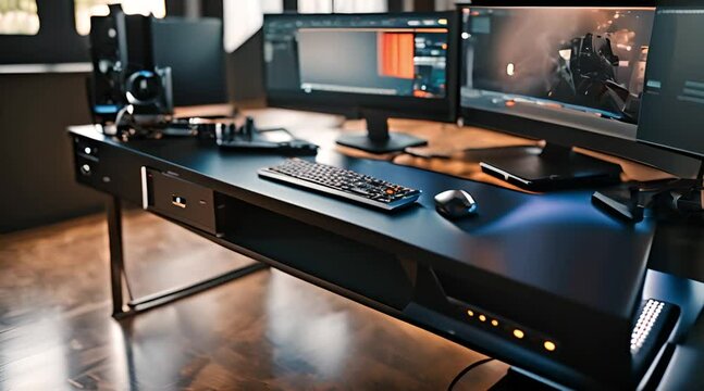 A desk designed for a gaming workstation paired with a computer