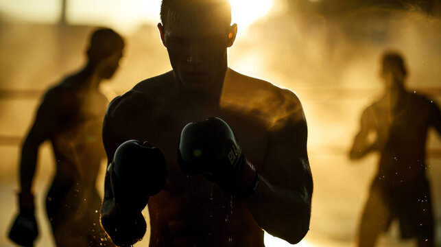 A boxer's silhouette stands out against the backlighting of the gym, sweat glistening as he trains with determination and focus.
