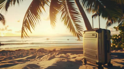 Foto op Plexiglas Ein schöner Urlaub Hintergrund mit Gepäck und kleinen Reiseutensilien auf einem hellen Hintergrund © Rolf