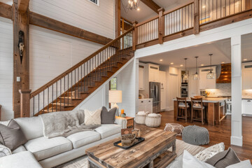 Farmhouse home interior design of modern living room with wooden staircase. - obrazy, fototapety, plakaty