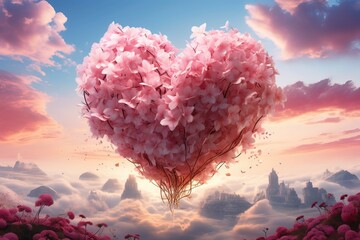 Digital art OF A surreal collage of pink flowers in the shape of a love heart, Generative ai.