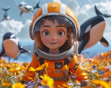 Child Astronaut with Whales Floating Among Flowers