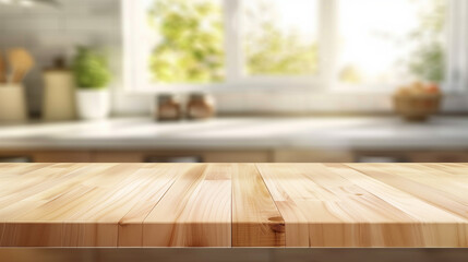 Empty blurred kitchen countertop wooden chopping board in home for graphic background backdrop 