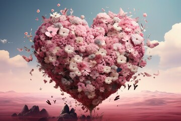 Digital art OF A surreal collage of pink flowers in the shape of a love heart, Generative ai.