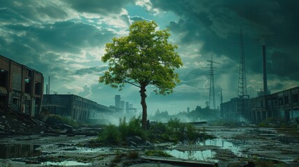 Green Hope: A Tree of Life Growing in Industrial Devastation, Symbolizing Renewal and Progress in Sustainability and Conservation Efforts - obrazy, fototapety, plakaty