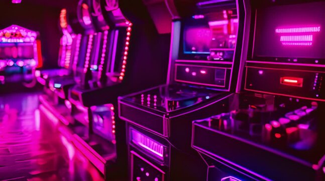 Arcade video games in an empty dark game room with purple light with a retro design look