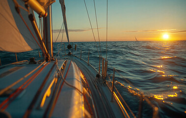 a sailboat sailing on the ocean at sunset with the sun setting behind it and clouds in the sky