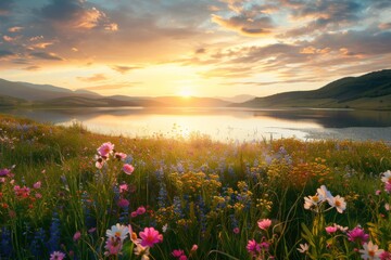 Obraz premium Beautiful summer spring natural landscape with lake and wildflowers at sunset.