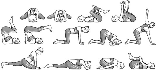 Obraz premium Illustration yoga diverse / Rajakapotanasana / Taube / Garbhasana / Apanasana / meditation / mobilisation