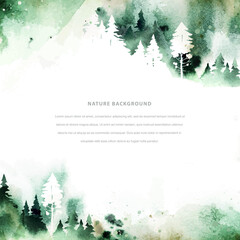 Watercolor summer vector template in green colors. Сoniferous forest, mountain and abstract watercolor vector splashes. Nature hand drawn frame with place for text