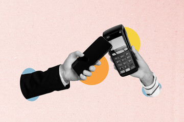 Creative photo collage picture human hand hold smartphone cashless payment terminal purchase online...