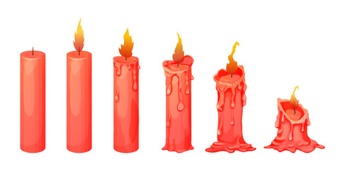 Set red wax candle stages burning with fire, flame isolated on white background. Animation objects, stages © Alyona