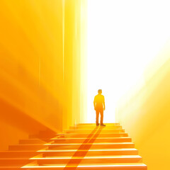 A man stands in front of a golden staircase. Steps up. The concept of growth and development. Success in business, the path to the goal. The first step to a dream. Isolate on a white background. Illus