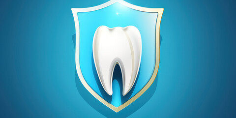 Molar tooth on blue shield background. Protection against caries and oral hygiene.